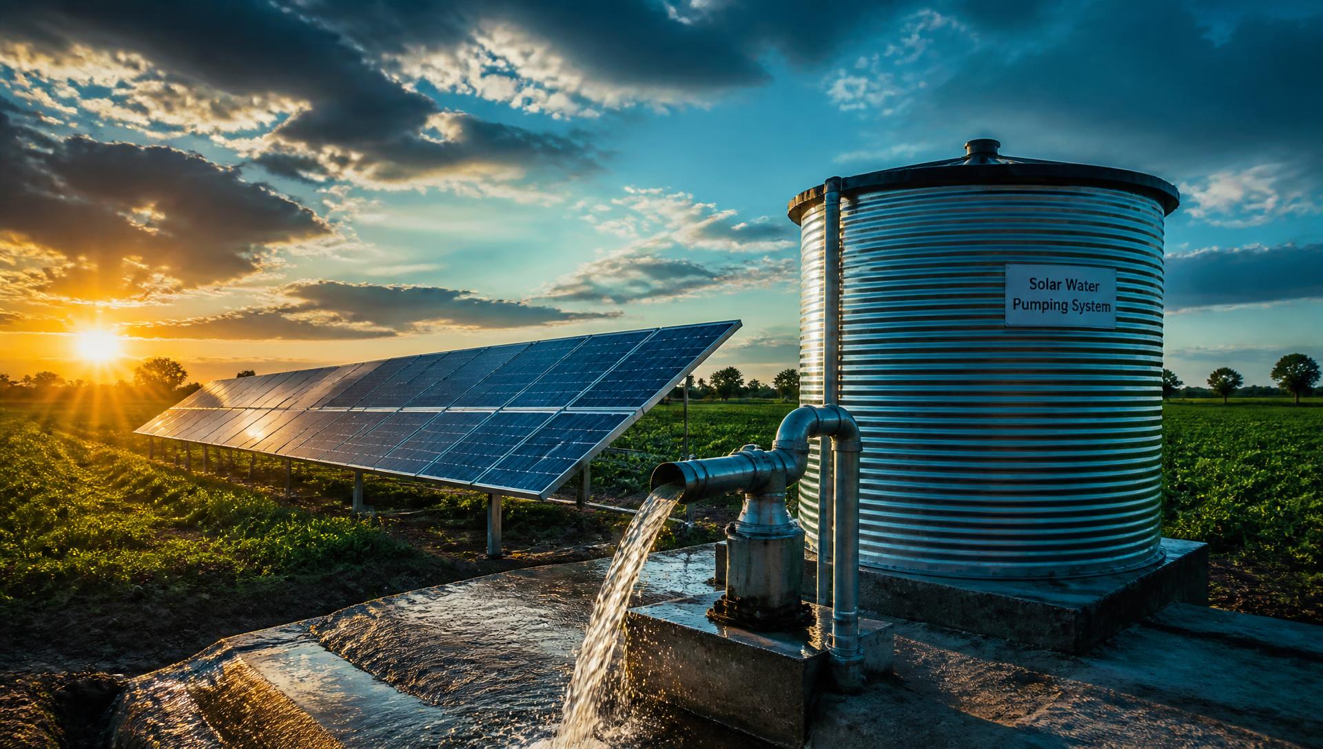 Sistema fotovoltaico alimentando bomba de água e reservatório em área rural